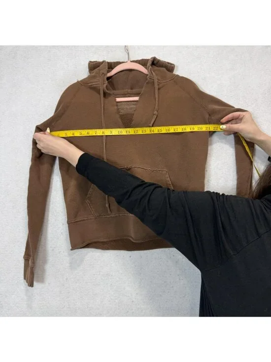 Nili Lotan Hoodie Womens XS Brown Terry V Neck Pullover Kangaroo Pocket Raw Hem